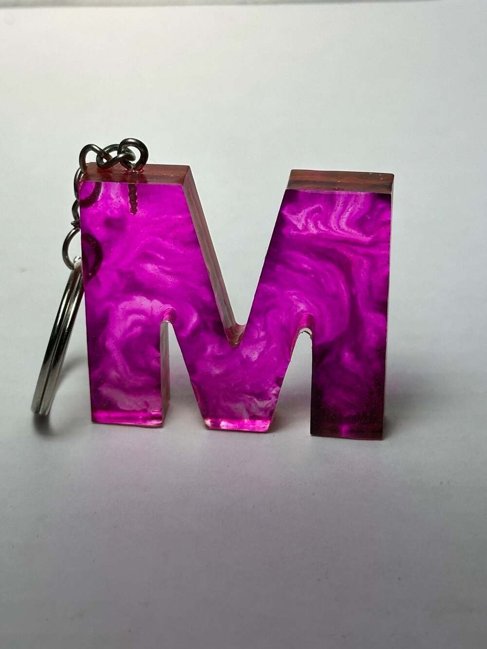 Handmade Epoxy Resin Letter M Keychain in Purple and White